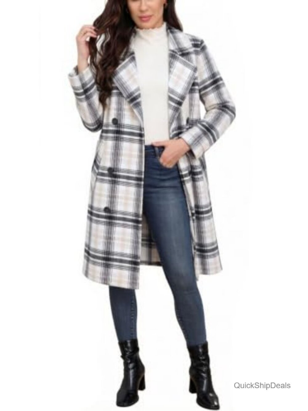 Women's Long Wool Plaid Pea Coat Double Breast Midi Trench Overcoat with Belt